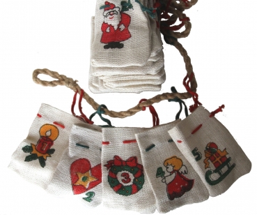 Megashop 2000 - Adventskalender Jutesäckchen weiss mit Weihnachtsmotiven